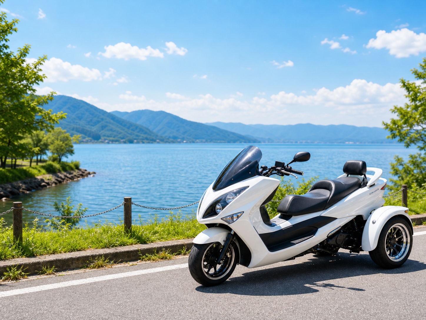 びわ湖沿いに停車した白いレンタルトライク